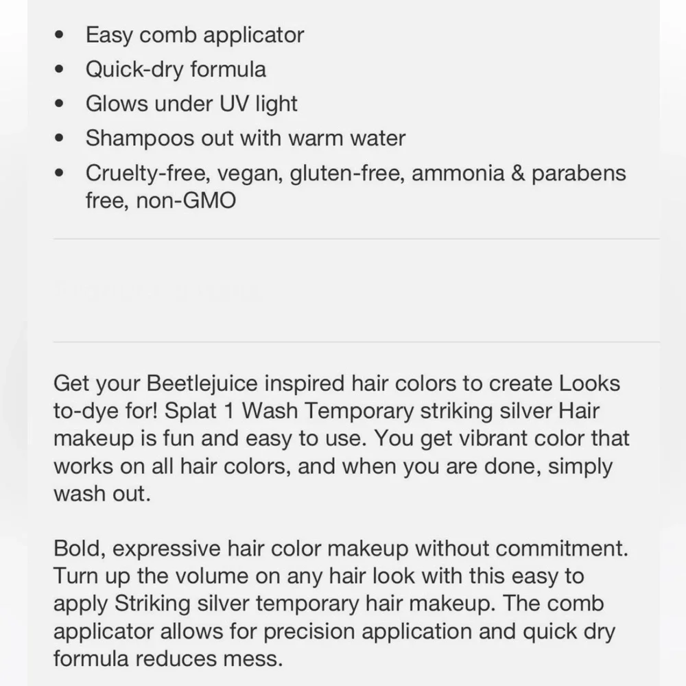 SPLAT Beetlejuice Beetlejuice 1-Wash Temporary Hair Dye Striking Silver, NEW
